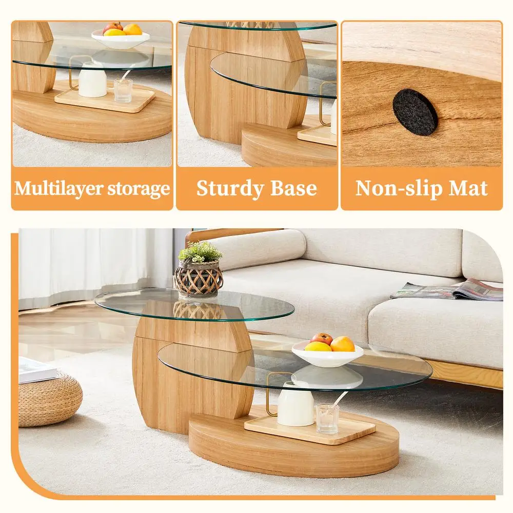 Table basse ovale moderne en verre trempé à grain de bois clair, Double couche avec pieds stables et coussinets antidérapants, plusieurs couleurs