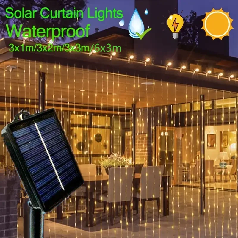 

6x3M Solar LED Curtain Garland On The Window Outdoor Waterproof Fairy Lights 8 Lighting Modes For Festival Christmas Decoration