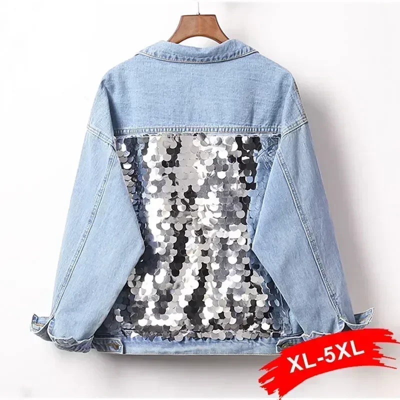 Plus Size Harajuku Back Sequins Short Denim Jackets 3Xl 4Xl Women Light Blue Three Quarters Sleeve Bomber Jackets Mom Jean