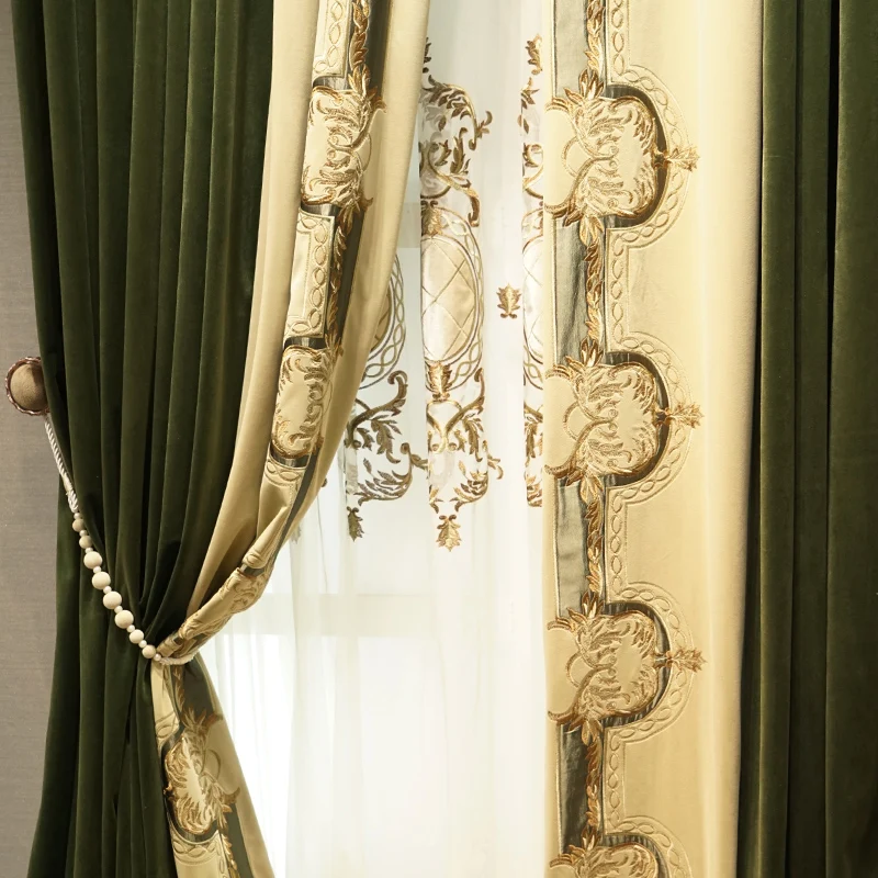 American Dark Green European Velvet Curtain Luxury Valance Curtains for Living Dining Room Bedroom Villa Custom Size Decoration