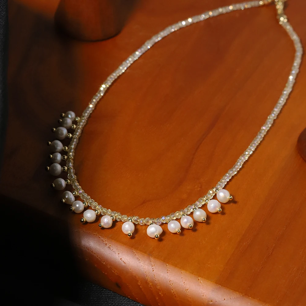 

Natural Freshwater Pearl Crystal Tassel Necklace Korean Style Women Luxury Jewelry Fashion Ladies and Girls Gift GN0673