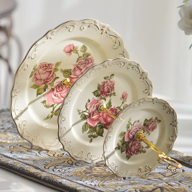 HYS relief ceramic cake plate three-layer string plate fruit plate creative snack table three-layer metal bracket candy