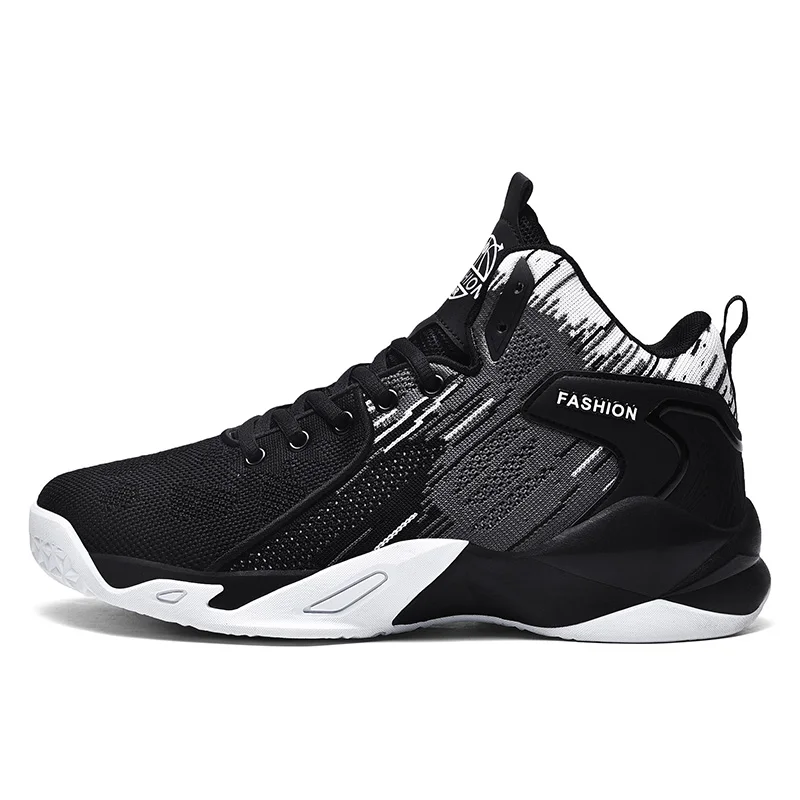 

Men's Black White High-Top Basketball Shoes - Breathable Knit Athletic Sneakers, Non-Slip Cushioned Training Shoes