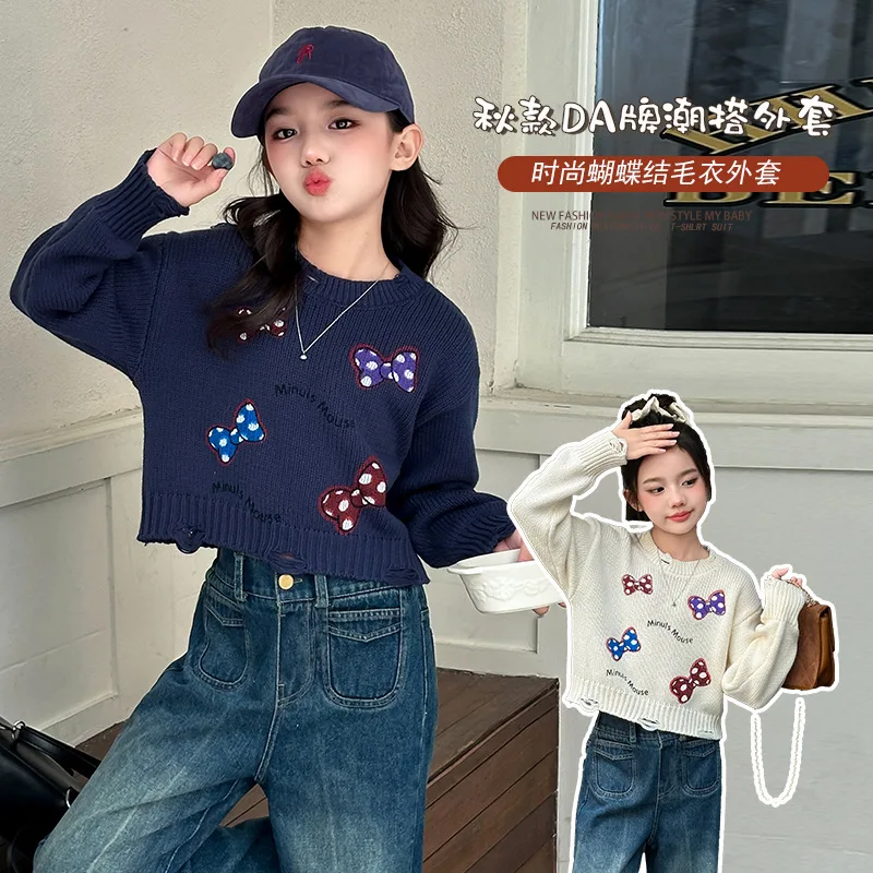 

Girls' Korean loose sweater 2024 autumn new printed knitted sweater round neck pullover sweater