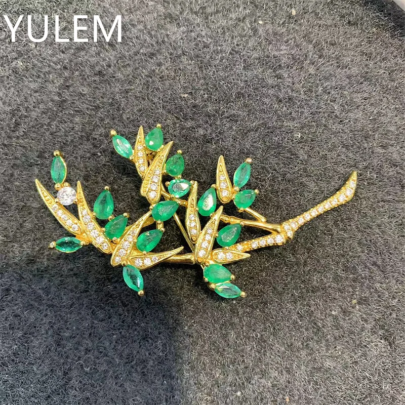 YULEM  Jewelry 925 Silver Emerald Brooch for Woman  Natural Emerald Silver Brooch Fashion Silver Bamboo Leaves