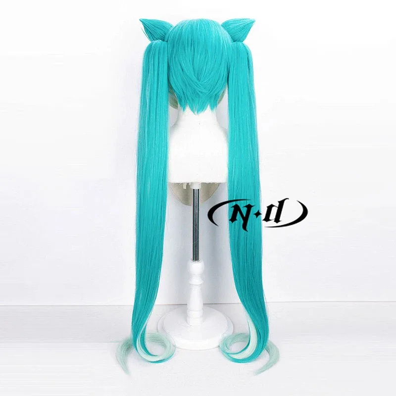 DY2025ND Hatsune Miku Pelucas de cosplay V Singer Cosplay Aqua Green Pelucas de pelo de cola de caballo doble con orejas para Comic Con Coser Navidad P