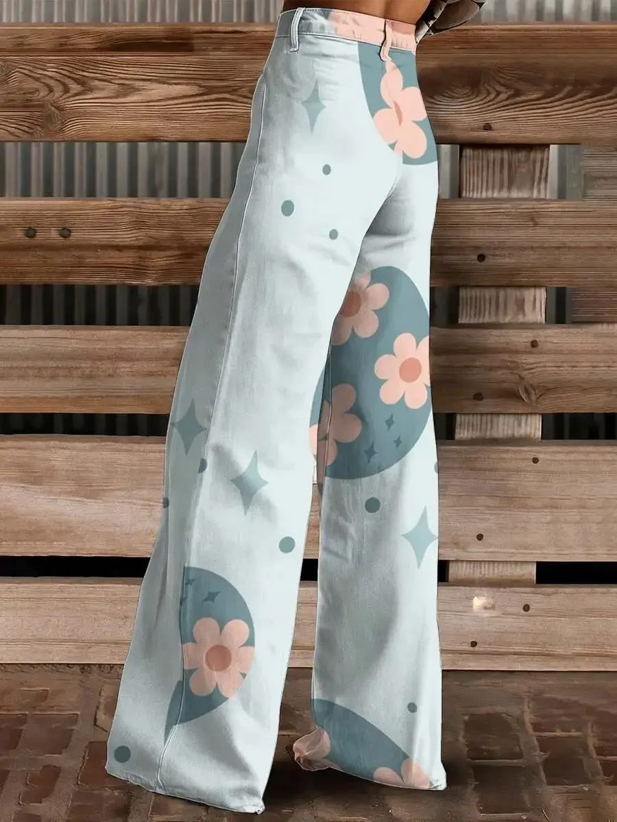 

Floral Egg Pastel Stars Dots Wide Leg Jeans Women Plus Size Machine Washable