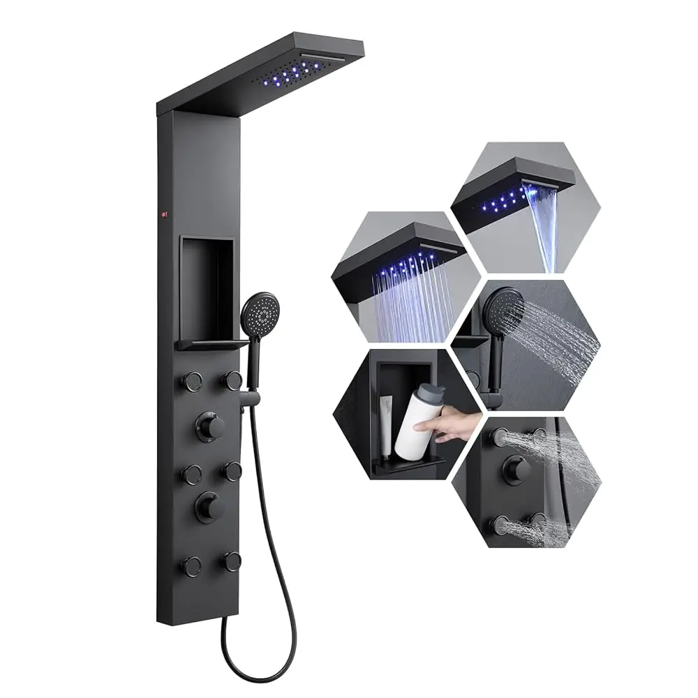 

AllexpreskLED Shower Panel Tower System Matte Black with Shelf, Rainfall Waterfall Shower Tower with 6 Angle Adjustable Body Jet