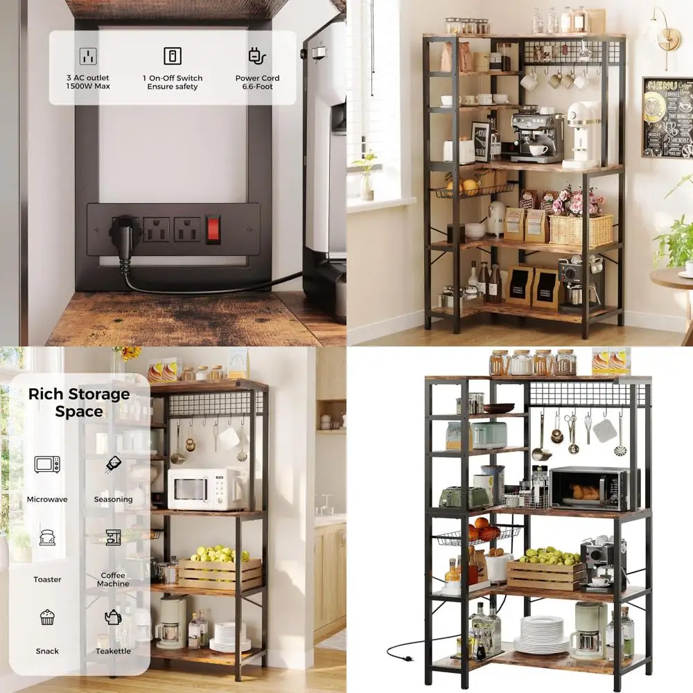 

5-Tier Corner Stand with Power Outlet, Storage, and S-Hooks for Kitchen Organization