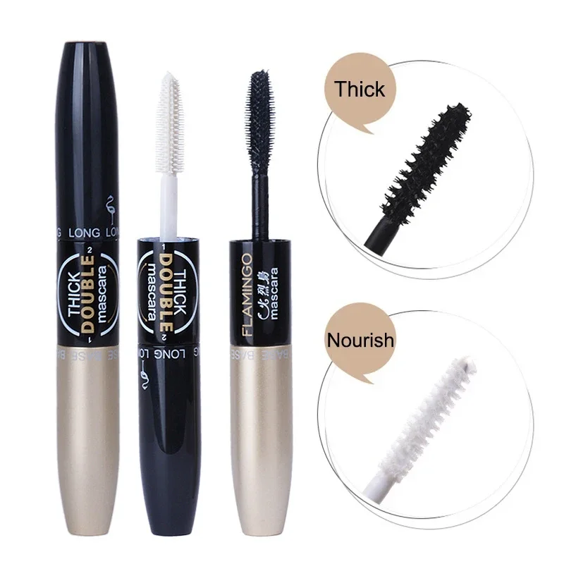 Máscara de pestañas de fibra de seda 4D 2 en 1 de doble punta Flamingo, máscara negra, volumen resistente al agua, máscara de ojos rizada de doble alargamiento