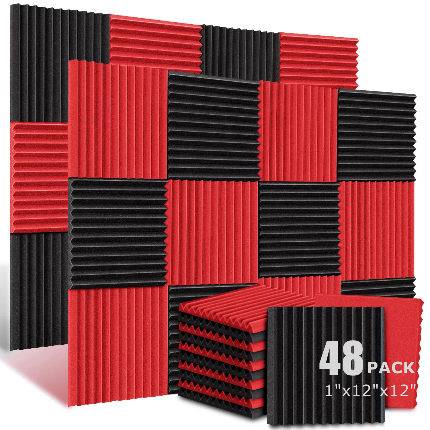 48Pack 1" X 12" X 12" Acoustic Foam Panels Soundproofing Wedge Tiles Studio Foam Panels Sound Insulation Treatment Black Red