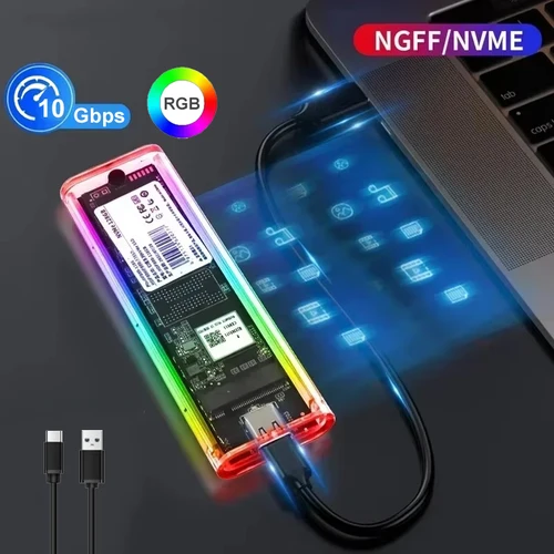 Caja RGB M2 NVMe PCIE SSD M.2 NGFF SATA SSD, carcasa de disco duro transparente de 10Gbps M.2 a USB para llave M y B SSD
