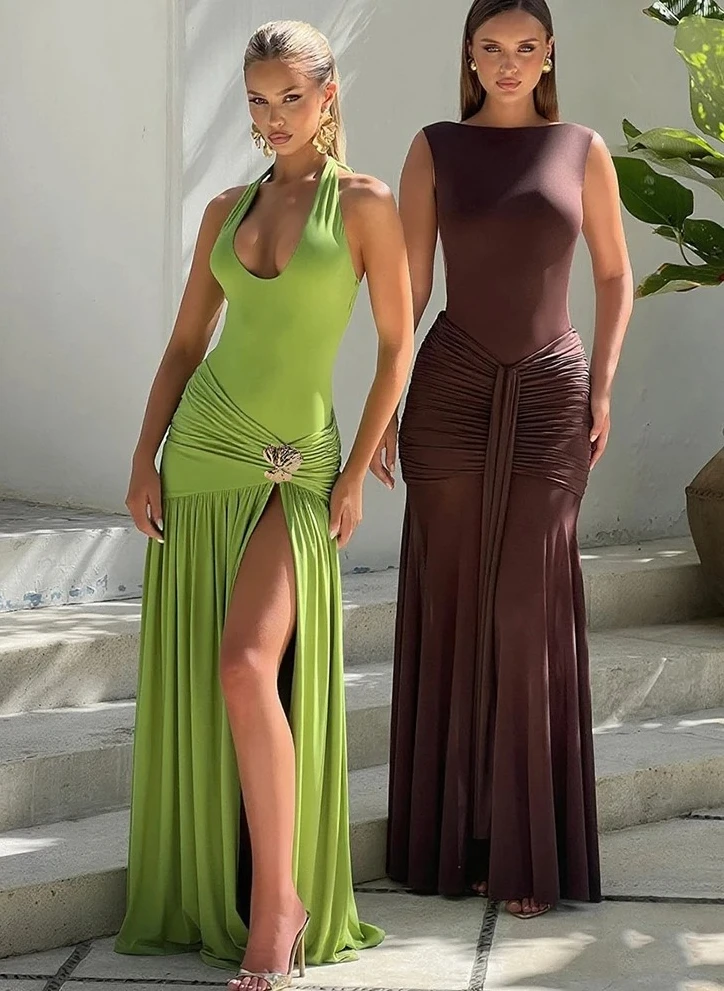 High Street Jurk Vrouwen Sexy Backless Split Ruches Lovertjes Patchwork Dames Beknopte Party Vestidos