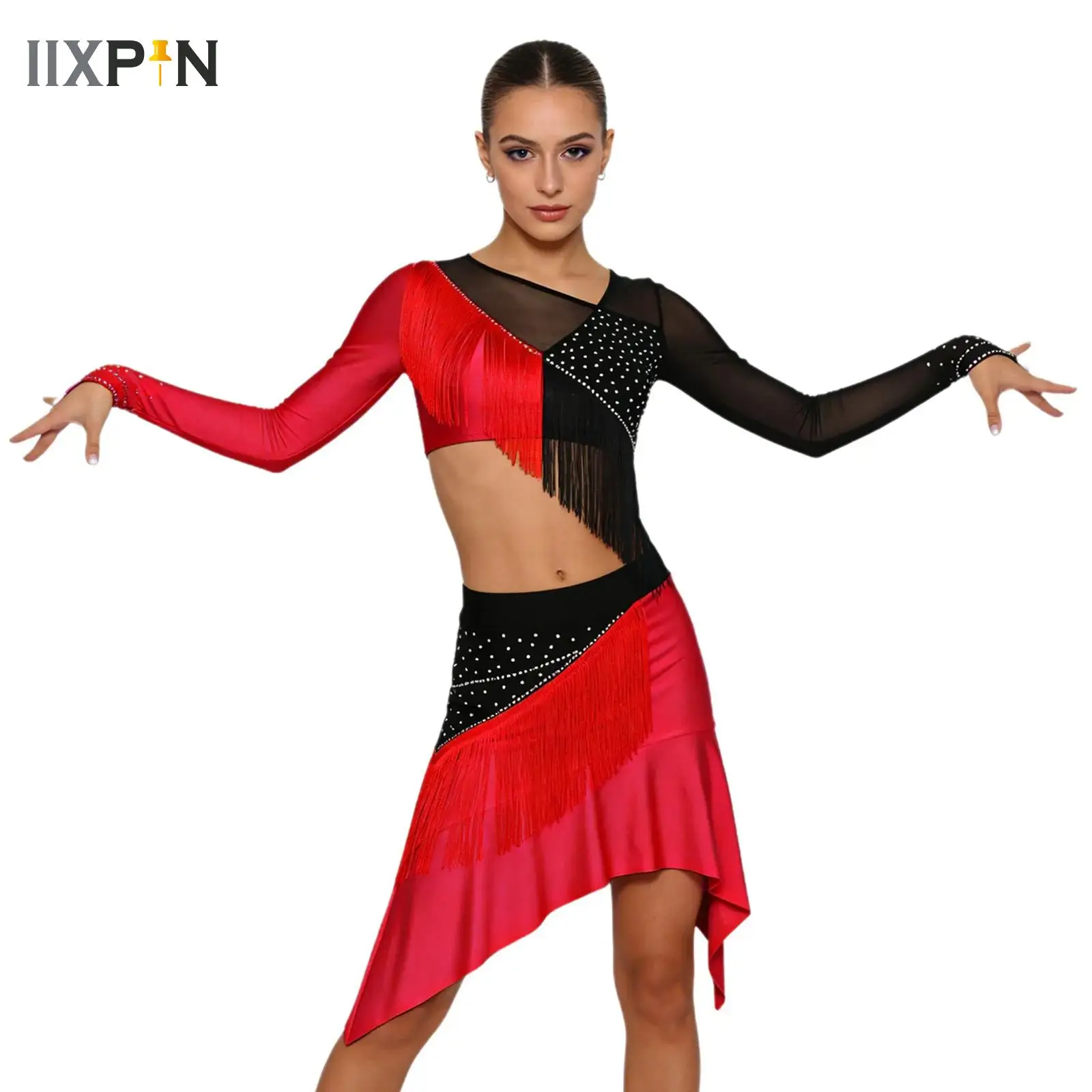 

Womens Glittery Rhinestones Jazz Latin Ballet Dance Costume Tassel Crop Top Asymmetric Skirt Cha-cha Rumba Salsa Tango Outfits