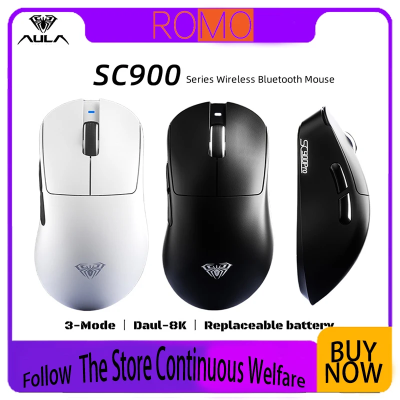 

AULA SC900 Series Wireless Bluetooth Mouse Mute PAW3950 Replaceable Battery Esports Gaming Mouse Ergonomic Dual 8K Lightweight