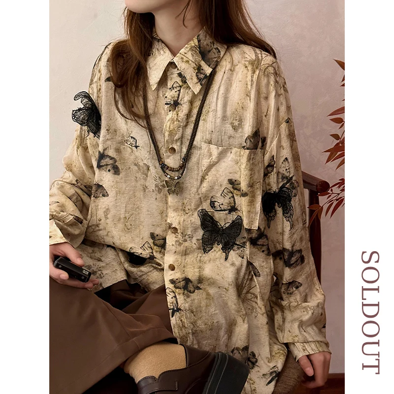 

Ретро-китайская женская блузка с длинным рукавом и цветочным принтом, свободная повседневная рубашка из полиэстера с пуговицами в уличном стиле