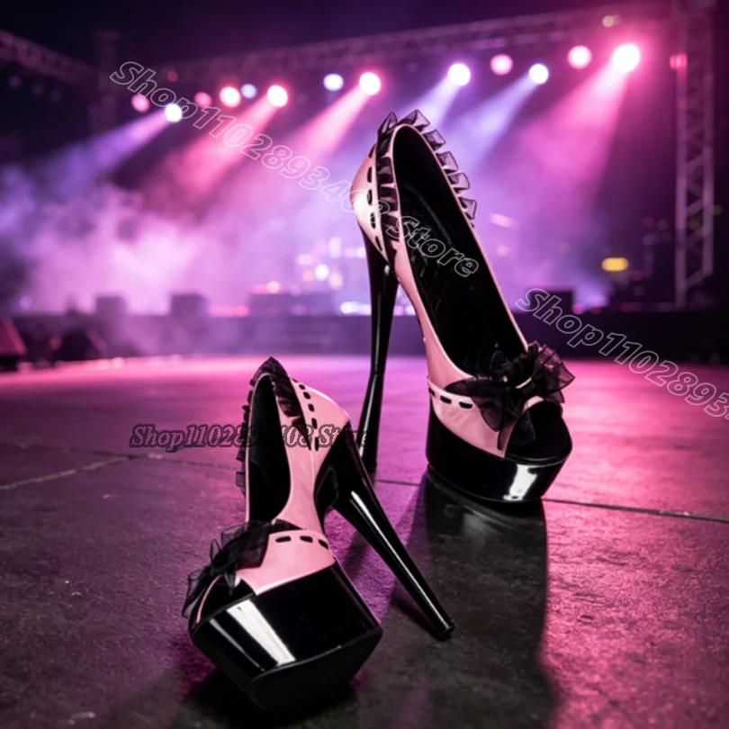 Pink Silk Trim Bowknot Pumps Platform High Heels 15CM Peep Toe Stylish Dancing Women Nightclub Sexy Shoes Zapatos Para Mujere