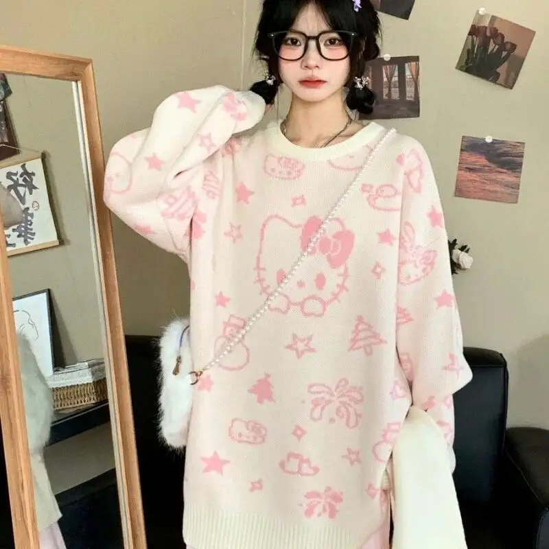 

Горячий кавайный вязаный свитер «Hello Kitty», топы в стиле аниме, милый свитер, рождественский свитер для милых девочек, студенческий тренд, свободный свитер, праздничный подарок