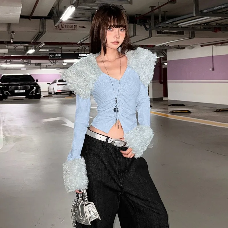 Blouse T-shirt Women's Spring/Autumn Fresh Pleated Slit Patchwork Slim-fit New Comfortable Casual Minimalist Versatile Elegant