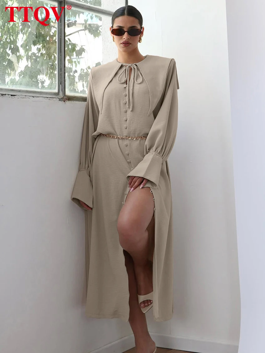 

TTQV Fashion Loose Khaki Women's Dress 2026 Autumn O-Neck Long Sleeve Midi Dresses Elegant Classic Lace-Up Slit Female Dress