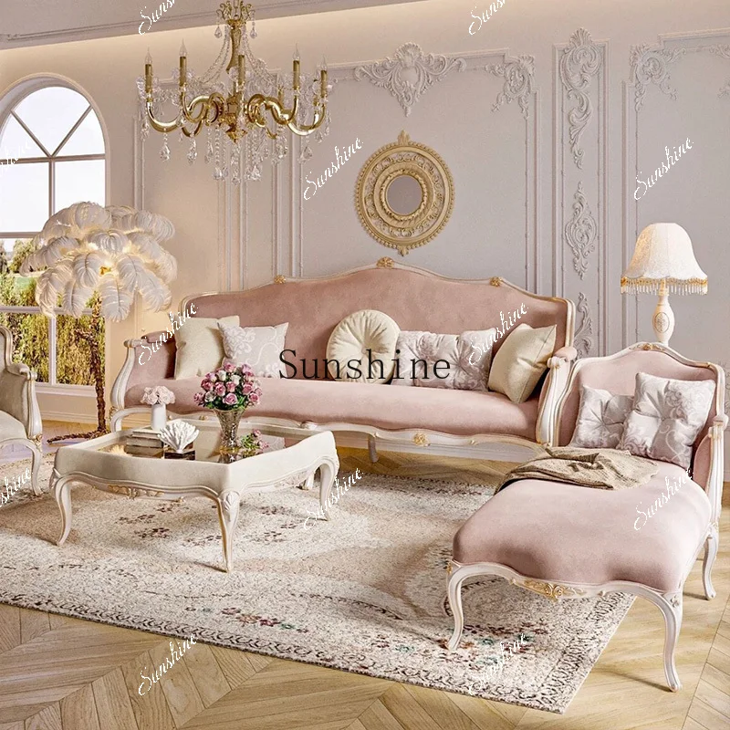 French solid wood sofa living room court style small apartment furniture carved three-person sofa  FT