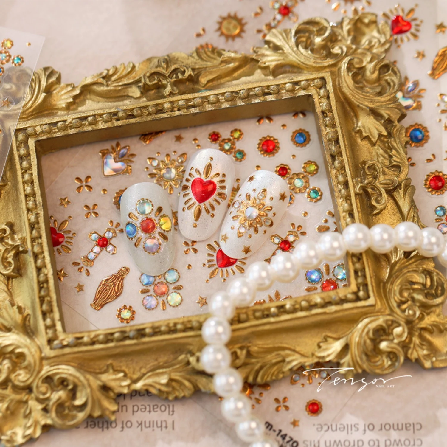 Edle Retro Court 5D Nagelkunst-Aufkleber Vergoldete Herzen Edelsteine Kreuze Blumen Sterne Glitzernde Nieten Selbstklebende Abziehbilder Luxuriöse Maniküre – Detail 6
