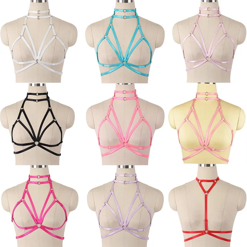

Women Goth Harness belt Bra Crop Top Sexy Lingerie Cage Bra Colorful Body Harness Fetish Wear Elastic Adjustable Bralette