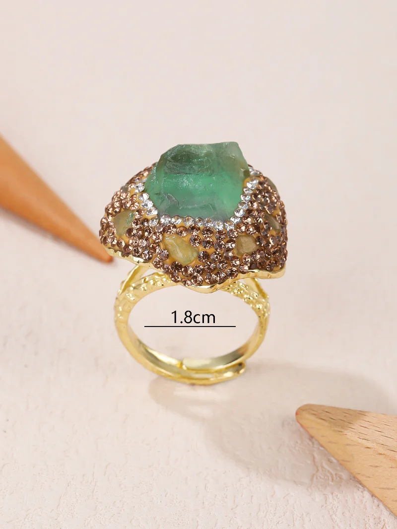 Women Natural Aquamarine Raw Tourmaline Finger Rings Open Size Quartz Irregular Yellow Crystal Green Fluorite Jadeite Amethyst