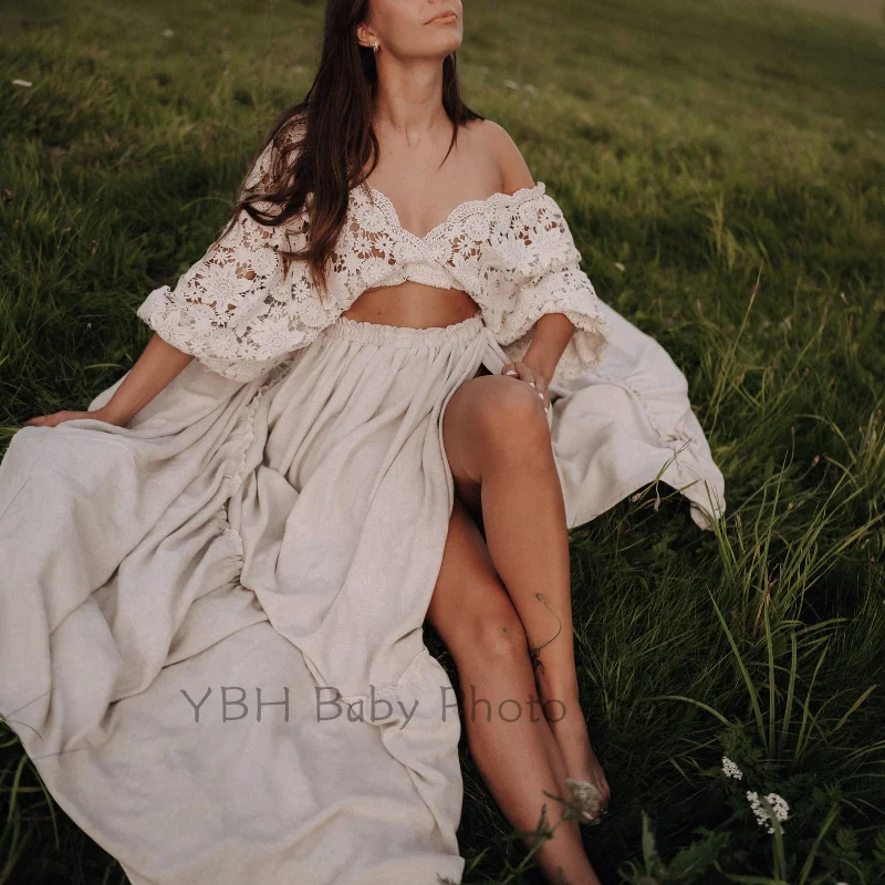 Frauen Boho Kleid zweiteilig Set Fotografie Requisiten Vintage Spitze Top und Leinen Rock Mutterschaft Schwangerschaft Fotoshooting Kleidung