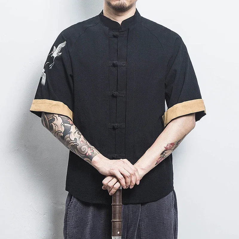 Embroidery Golden Dragon Shirts Men\'s Chinese Style Retro Linen Kungfu Short Sleeve Cardigan Mens Casual Novelty Loose Shirt Men
