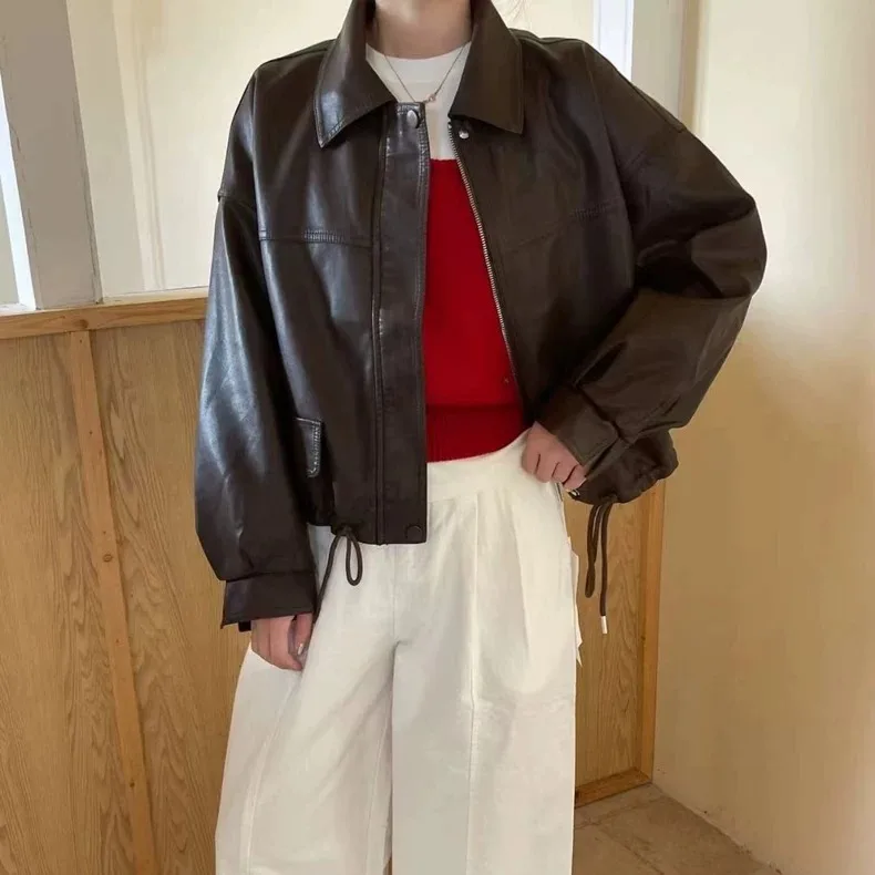 Women's Leather Jaet 2025 Autumn New Korean Version Chic ort Loose Top 4 Colors Commute Sle Long Sve Other Material