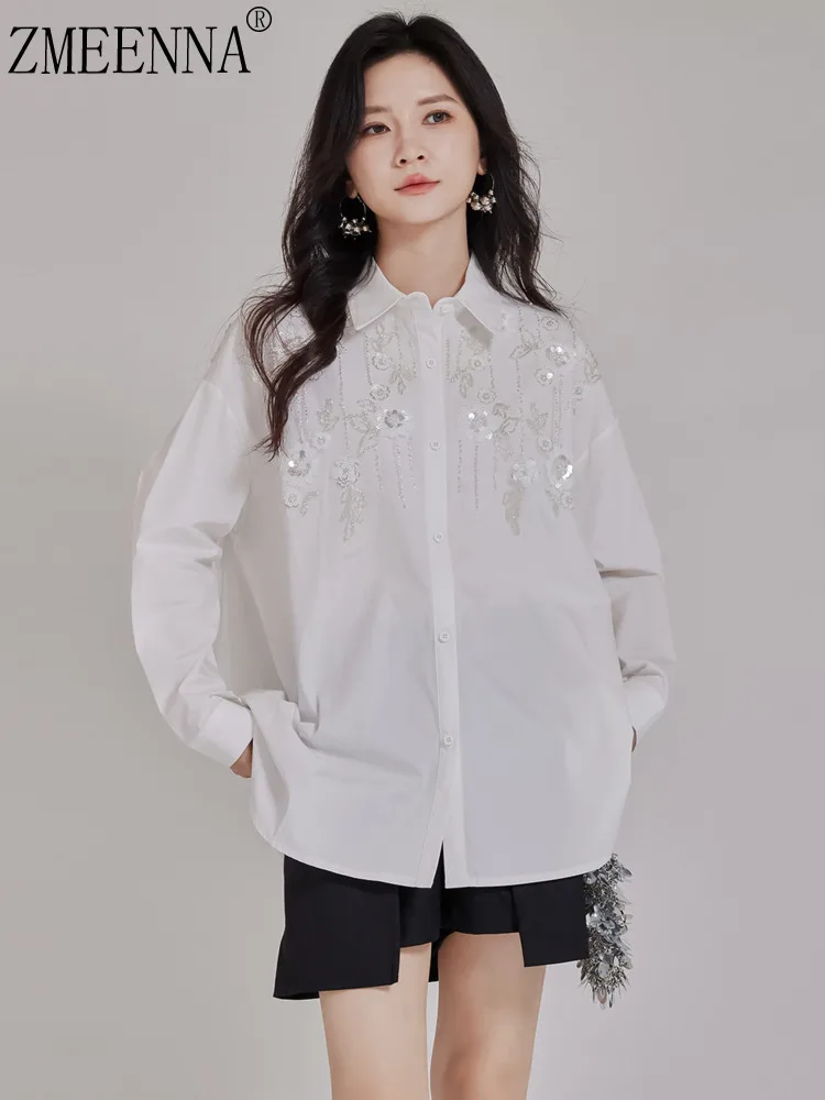 

ZMEENNA Womens White Loose Fit Button Up Shirt Top Long Sleeve Sequin Embroidered Floral Elegant Fashion Blouse ZM4622