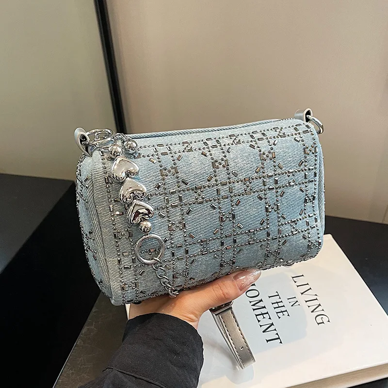 

Denim Blue Pillow Bag, Chain Strap Shoulder Purse for Women, Chic Crossbody Tote, Minimalist Day to Night Bag, Textured Sling