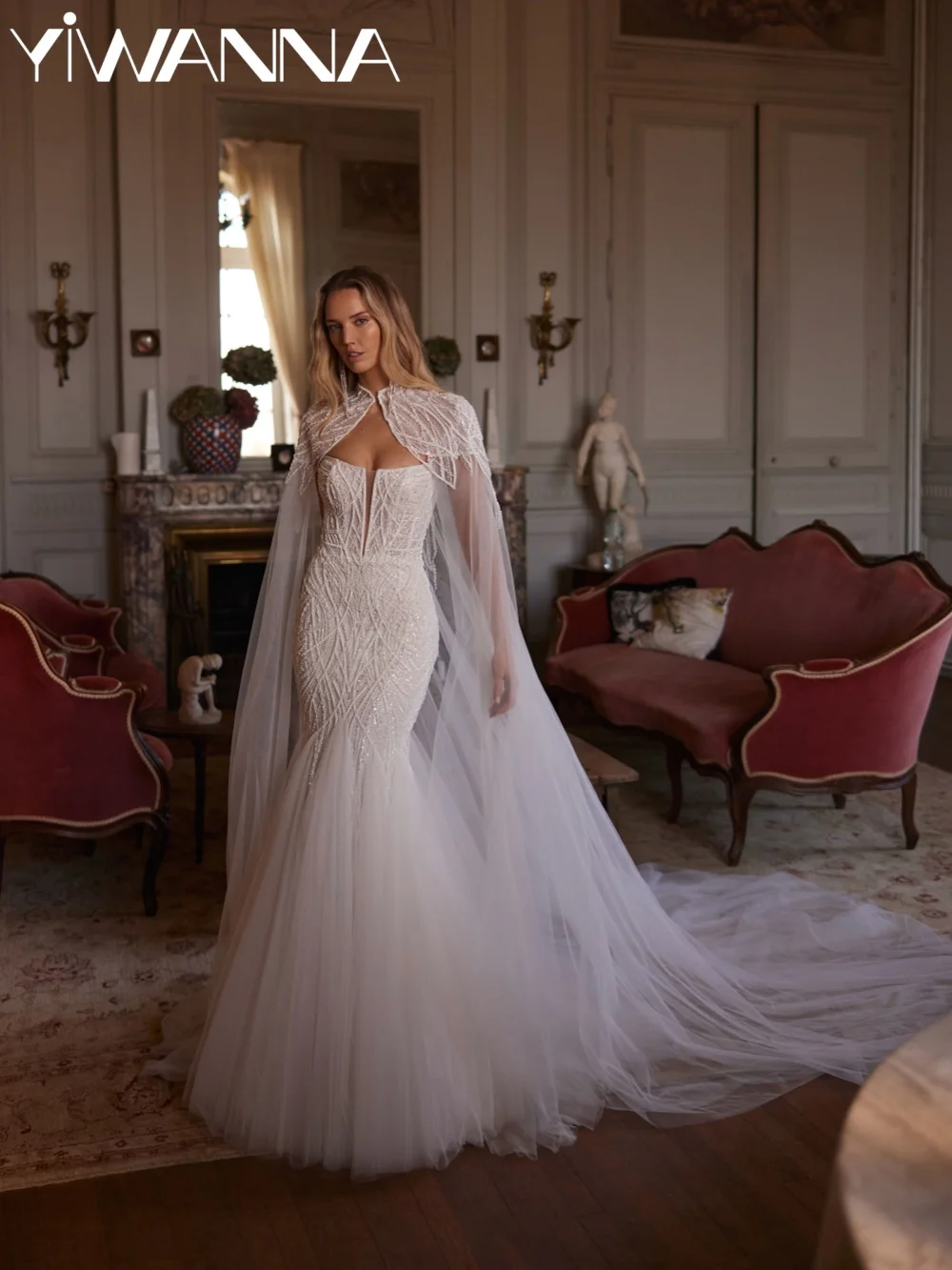 

Luxury Beaded Mermaid Wedding Dress With Cape Dreamy Strapless Long Bridal Gown Customized Glamorous Backless Dresses For Bride
