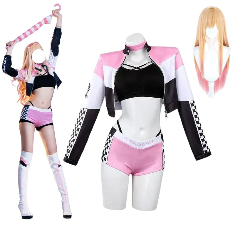 

Anime Kitagawa Marin Cosplay Costume Racing Suit Black Lining Pink Shorts Coat with Accessories Full Set for Women Theme Party