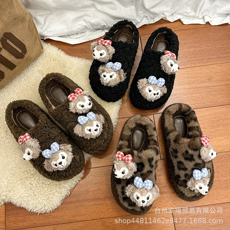 Disney autumn and winter Shirley Mei cute warm home women's shoes cartoon leopardprint non-slip thick-soledplush cotton slippers