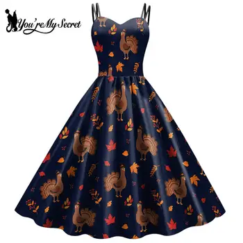 [Je Bent Mijn Geheim] Thanksgiving Fancy Food 3d Print Outfit Oogst Festival Rok Vrouwen Kalkoen Pompoen Patroon Rockabilly Jurk