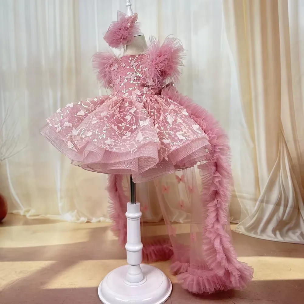Vestido de princesa mariposa con lentejuelas Dream Girl, vestido floral para niños, nuevo vestido hinchado de plumas de moda, fiesta de cumpleaños de Carnaval