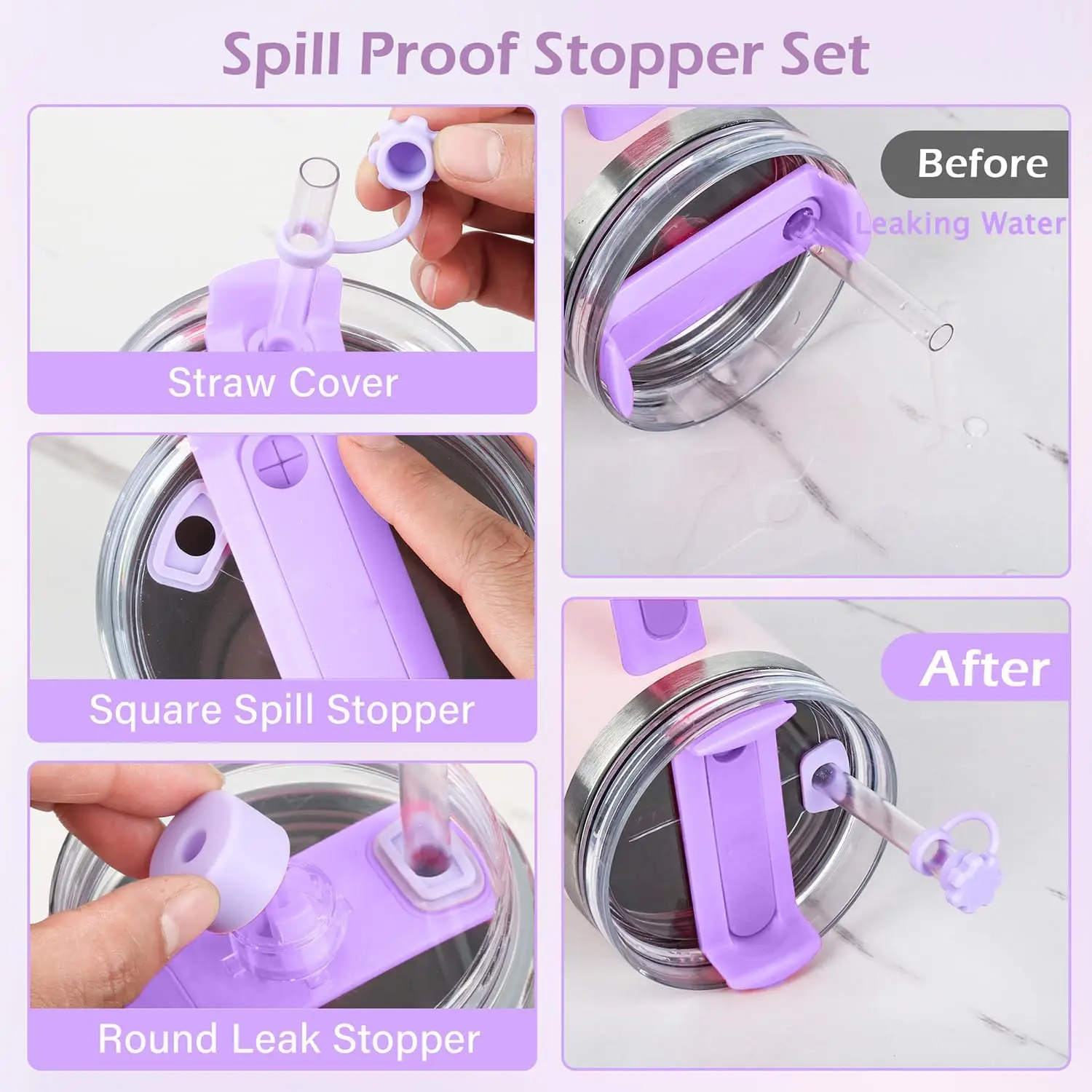 8pcs Cup Accessories Set 30oz 40oz Tumbler Straw Topper Cover, Boot, Spill Proof Stoppers, Handle Charms Sticker for Stanley Cup