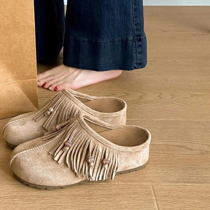 

Тапочки Baotou с кисточками, осенние новые замшевые тапочки с круглым носком и глубоким вырезом, мягкие нескользящие износостойкие тапочки на плоской подошве