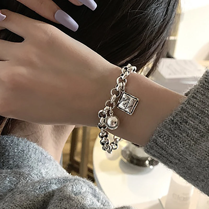 FOXANRY English Letter Tag Punk Brcacelet for Women Couples INS Fashion Vintage Handmade Ball Pendant Party Jewelry Gifts