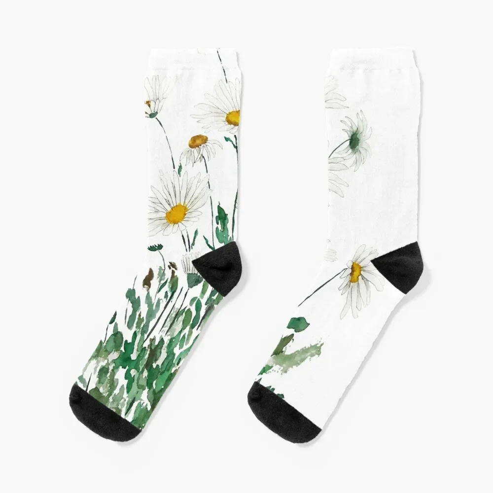 

white Margaret daisy watercolor Socks Sports sports stockings summer Socks Woman Men's