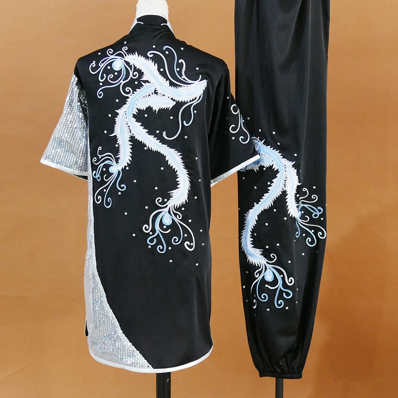 Black Sequin Kids Martial Arts Uniform Unisex Phoenix Embroidery Kung Fu Suit Changquan Nanquan Team Competition Costume Custom