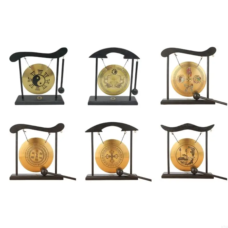 Hanging Gong Tabletop Ornament with Stand and Mallets, Gold-Tone Engraving Decors for Desk Shelf Entryway Display 87HA