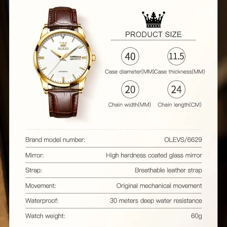 OLEVS 남성용 비즈니스 기계식 시계, 클래식 심플 방수 가죽 스트랩, 브랜드 럭셔리 캘린더, 6629 하이 퀄리티