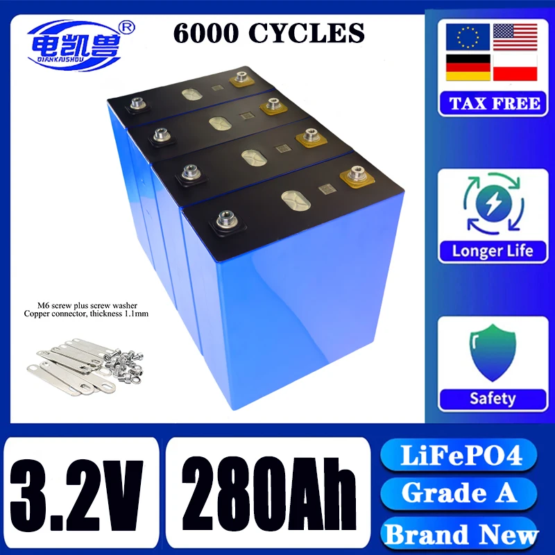 

New A-Grade 3.2V 280Ah LiFePO4 rechargeable battery with 6000 cycles suitable for DIY 12V 24V 48V battery pack tax-free