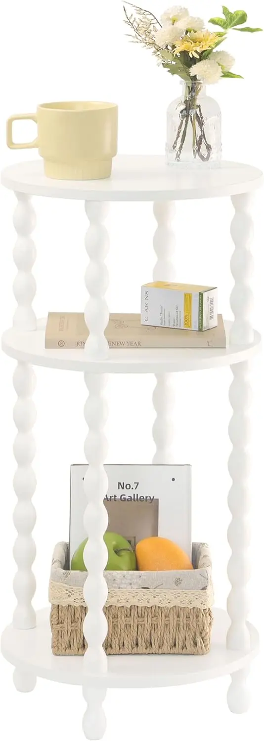 

Small Round Side Table, White End Table with 3-Tier Open Shelf for Small Spaces, Round Bedside Table Nightstand for Bedroom,