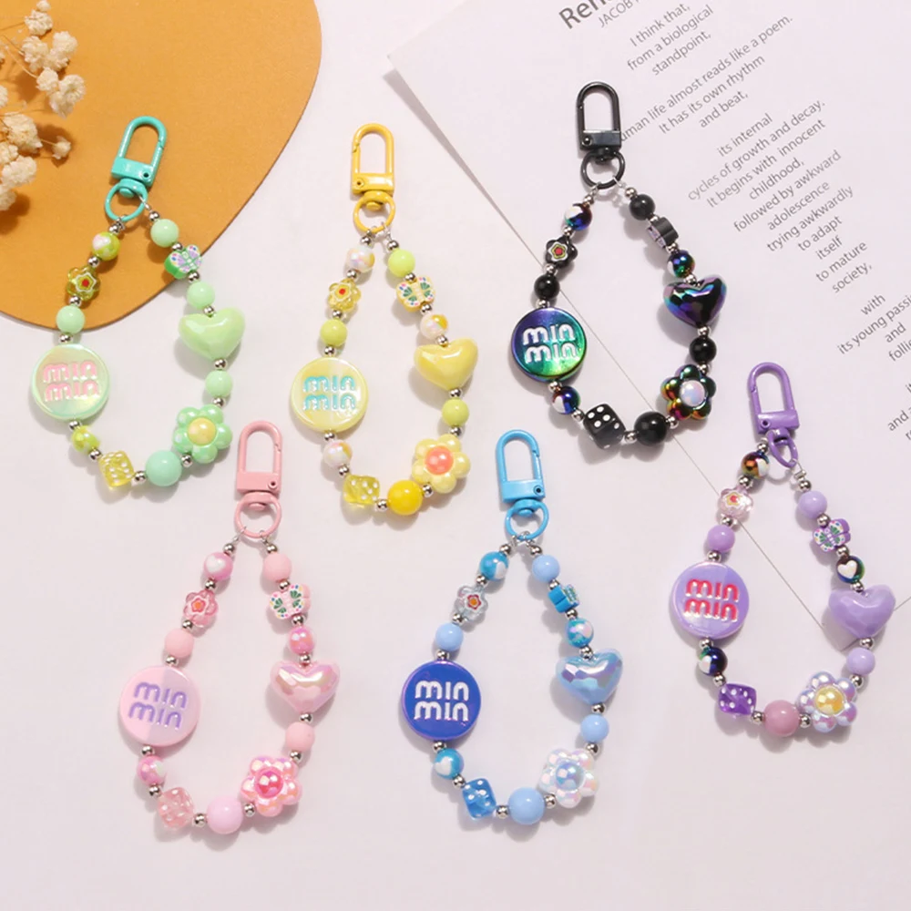 Fashion Resin Heart Pendant Keychain With Bell Creative Women Colorful Plastic Link Chain Key Ring Earphone Case Bag Accessories