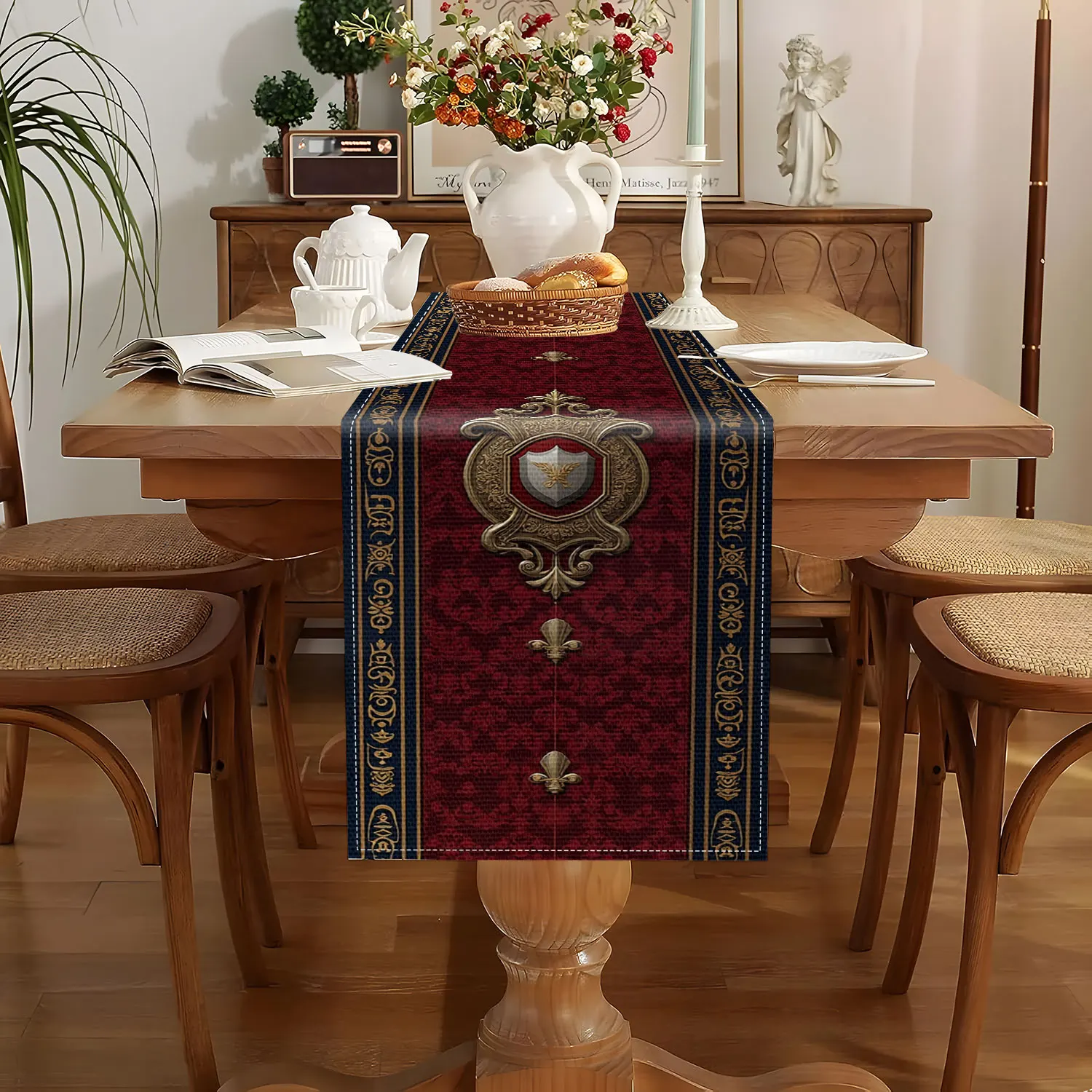 1 Piece of European-Style Noble Heraldic Theme Table Runner with Golden Heraldic and Iris Flower Patterns, Suitable for Palace-Style Restaurants and Vintage Parties