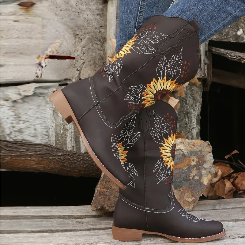 New Women Coffee Brown Embroidery Boots PU Leather Printed Western Cowboy Boots Deep V-mouth High Tube Casual Boots Classic